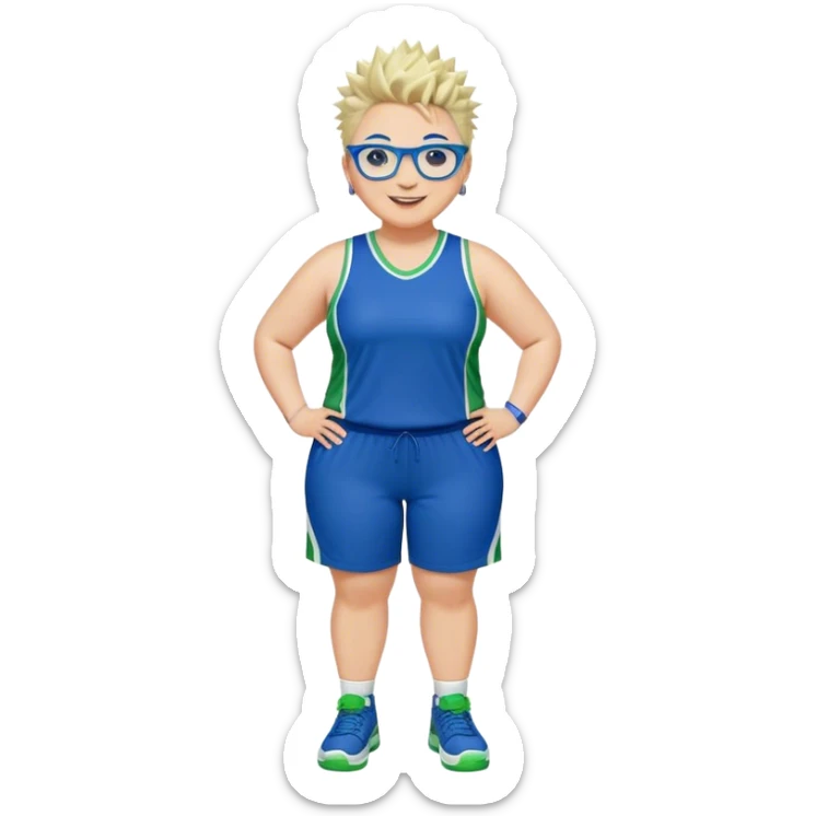 Full Body plus size white female with short spike hair wearing blue glasses basketball player wearing blue green uniform smiling sticker