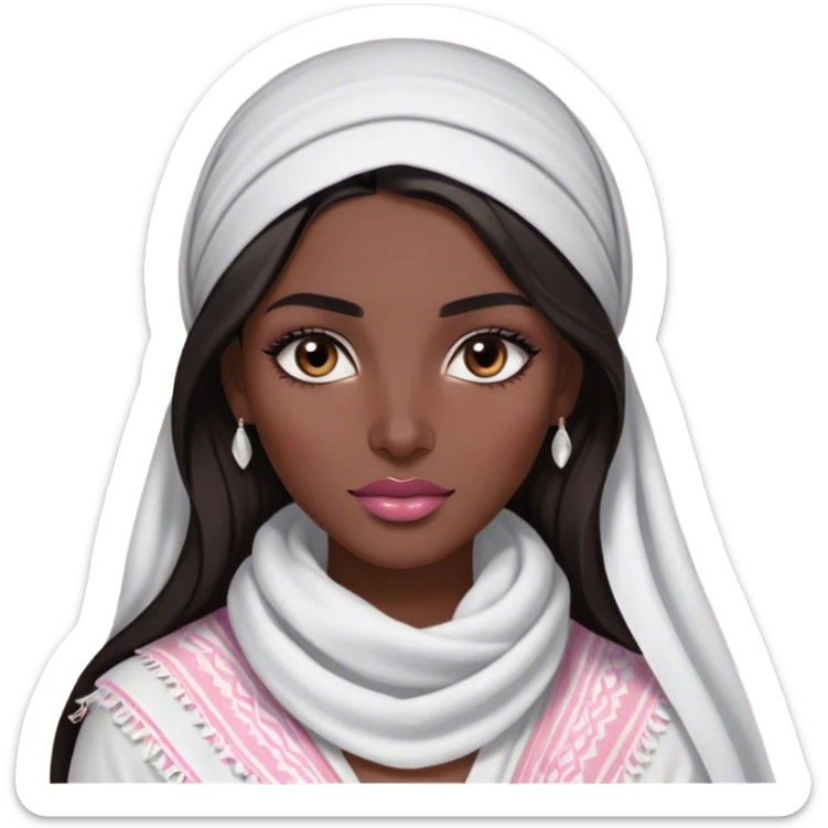 A woman with long, dark hair wears white keffiyeh, giving her a graceful and cultural look. Her makeup is well-done, with defined eyebrows and soft pink lips, enhancing her striking features. The dim lighting and blurred background create a warm, intimate atmosphere. sticker