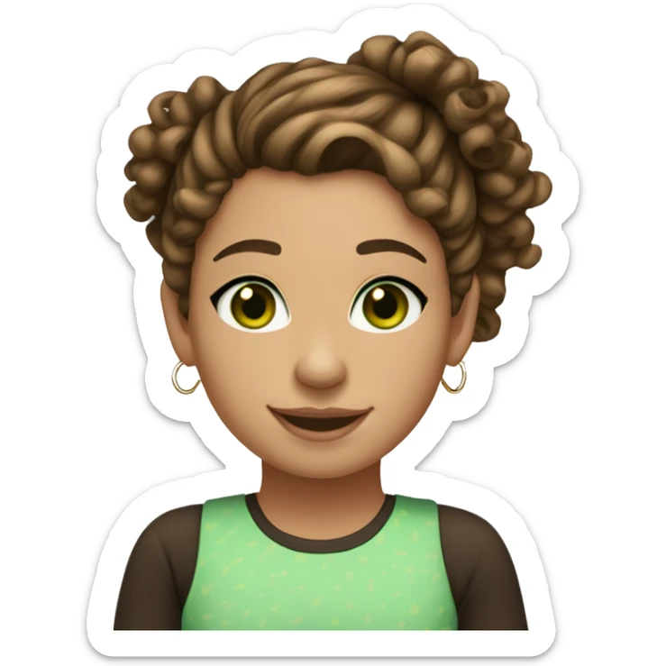 girl with curly brown hair, topknot with loose hair, green eyes, light skin, hoop earrings, smiling sticker