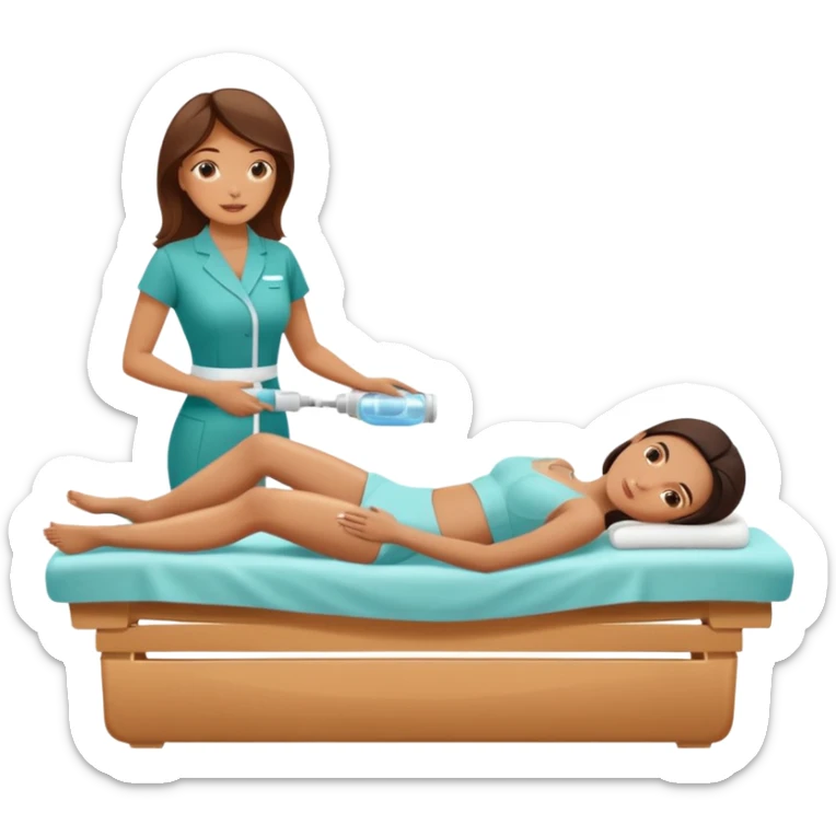 Emoji of a woman lying down on a spa bed while another woman in spa uniform applies a cavitation fat-burning treatment on her abdomen,  sticker