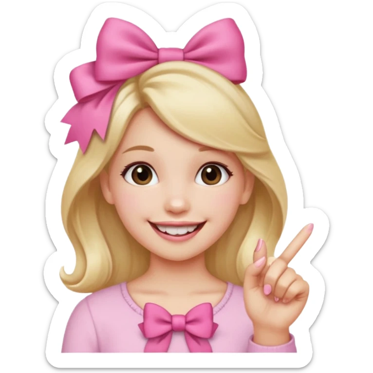 Chica sonriendo con un lazo rosa en la cabeza y mordiendose la punta del dedo indice con delicadeza y la otra mano que no salga sticker