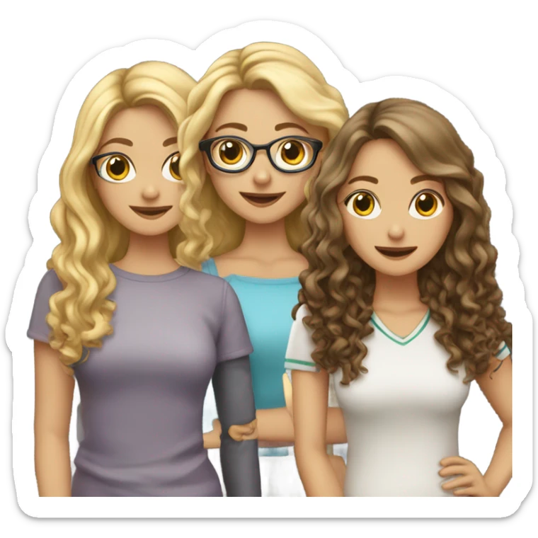 Three girl best friends one blonde with curly hair, one brunette with long hair, one brunette with short hair and glasses sticker