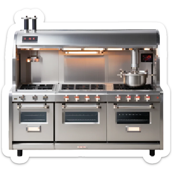 A robotic baker with stainless steel limbs, built-in mixers, and a retro-futuristic oven. The environment is industrial-chic: brushed metal surfaces, LED panels, and mechanical arms. UI mimics control panels with toggle switches, rivets, and analog dials. sticker