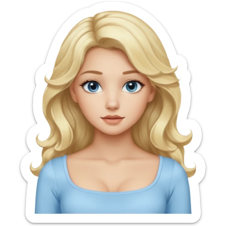 pretty girl blonde wavy long hair makeup light baby blue skin tight square neckline long sleeve top sticker