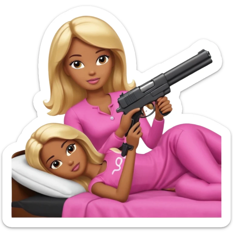 Brown skin blonde hair barbie laying in bed holding a black gun sticker