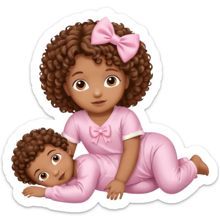 Brown skin 6 month old baby with brown curly hair down laying down with satin baby pink onesie and white bow sticker