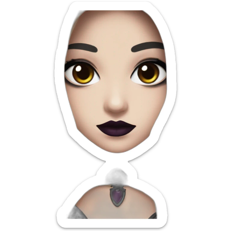 an emote of a gothic girl with brown long hair, black eyeliner and a dark plum lipstick for twitch sticker