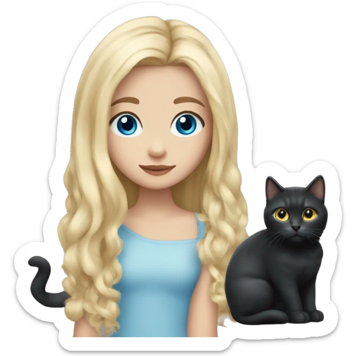 Blondir girl with blue eyes and middle long hair and she has in hand little black kitty with long cat hair  sticker