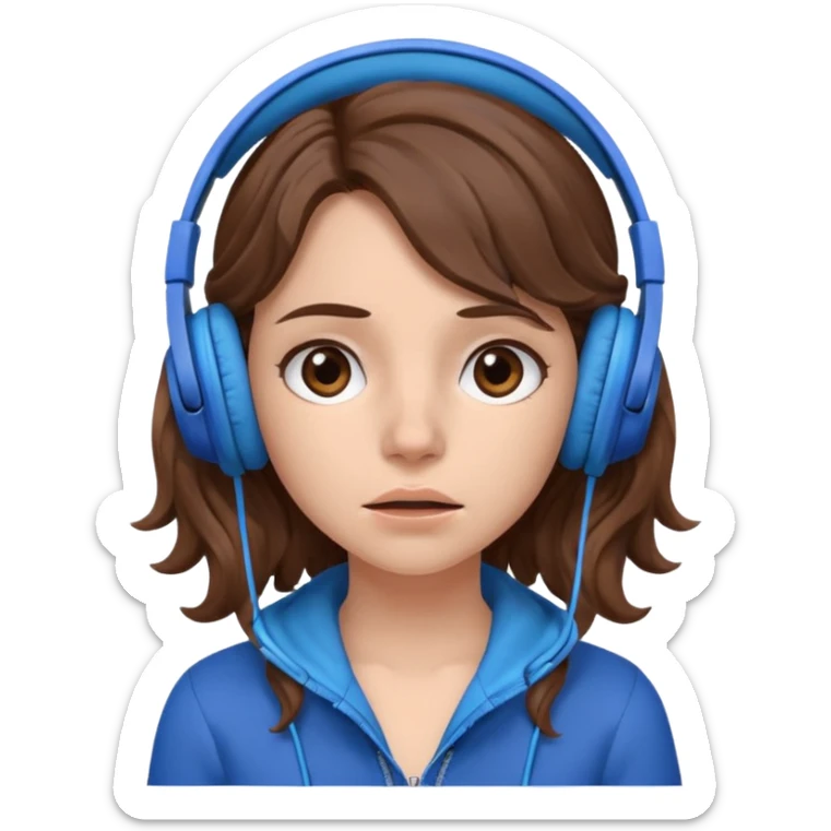 An upset girl with wavy hair listening to music with blue headphones sticker