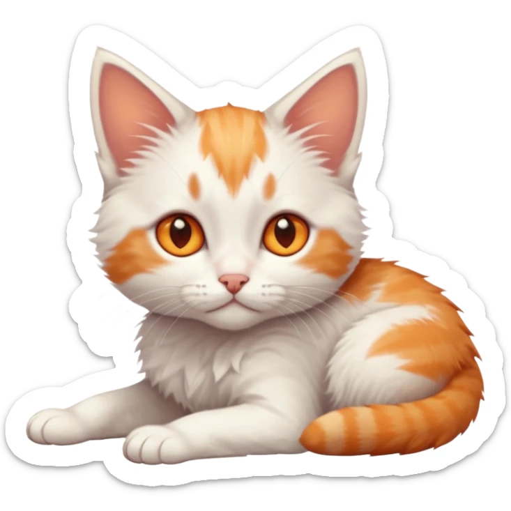 full body of very small + skinny ginger and white kitten with deep orange eyes and triangular shaped face lying down sticker