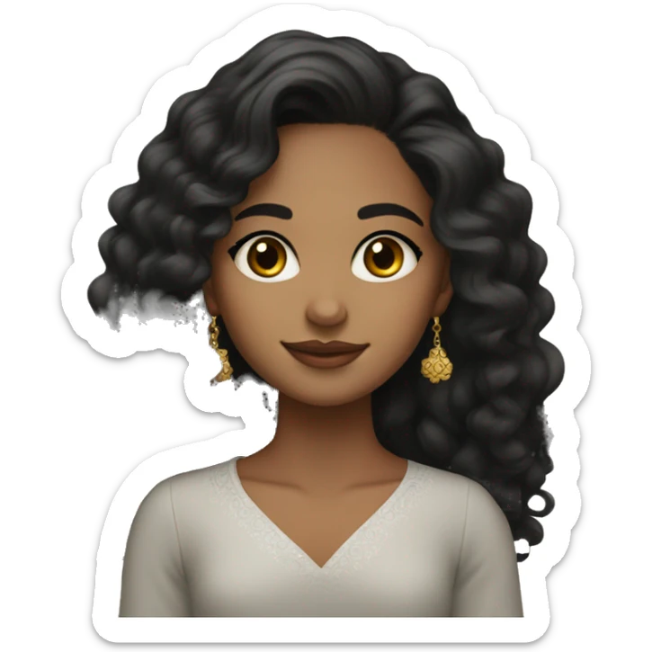 Girl with black waves/curly hair, and dark brown eyes, wearing jumka earrings  sticker