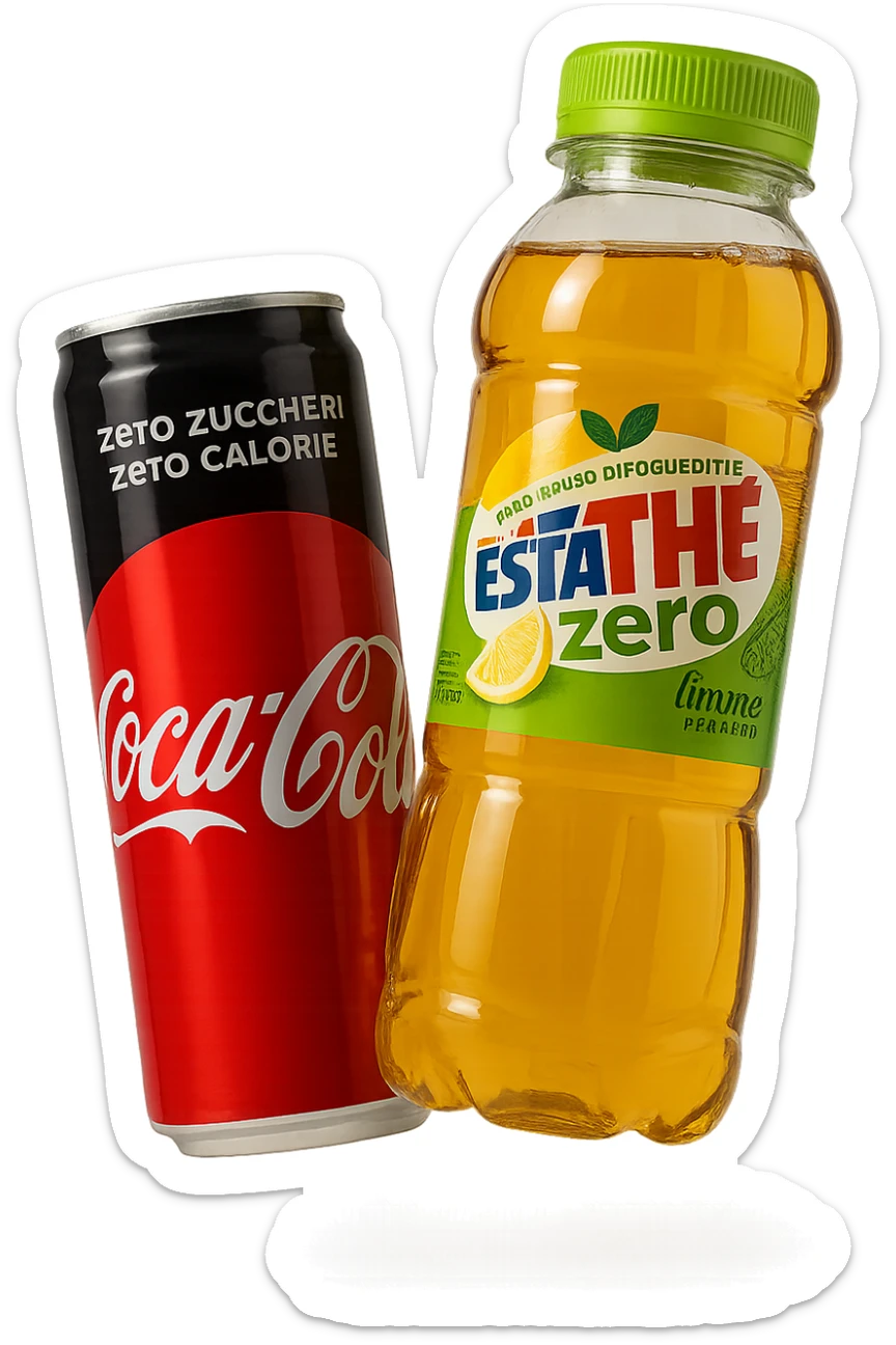 lattina di coca cola zero fluttua accanto a bottiglia di esta-thè zero, iperrealistiche 4k sticker