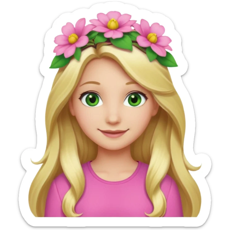 Girl profile picture with long blonde hair and green eyes and a flower in her hair. and a pink outfit sticker