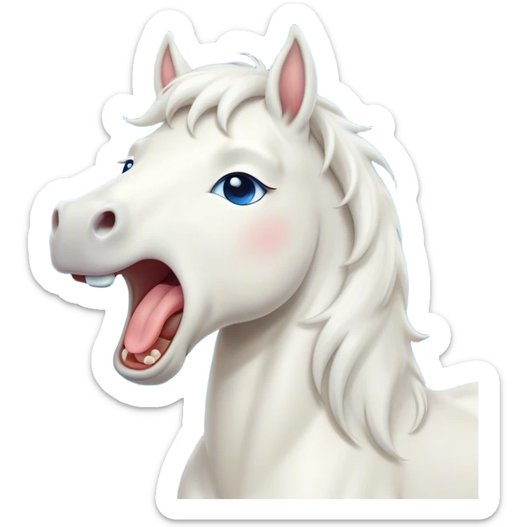 Cinematic Cute Yawning White Horse Portrait Emoji, Head tilted slightly with a dramatic, wide-open yawn, revealing a soft white fur with a subtle shimmer, floppy ears slightly drooping, round blue eyes barely open in drowsy contentment, Simplified yet irresistibly adorable features, highly detailed, glowing with a soft, cozy glow, high shine, relaxed yet expressive, stylized with a touch of whimsy, bright and endearing, soft glowing outline, capturing the essence of a sleepy yet affectionate horse, so drowsy it feels like it could stretch out of the screen and curl up for a nap! sticker