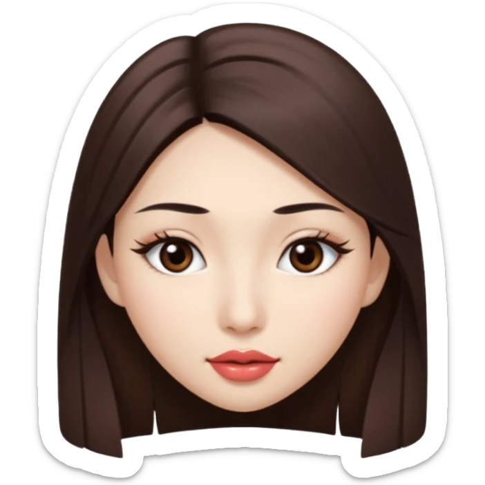 Una chica con piel muy clarita con pleo liso largo de color castaño y unos ojos marrones oscuro y labios grandes y nariz bonita y con unas pestañas que parezca asiatica sticker