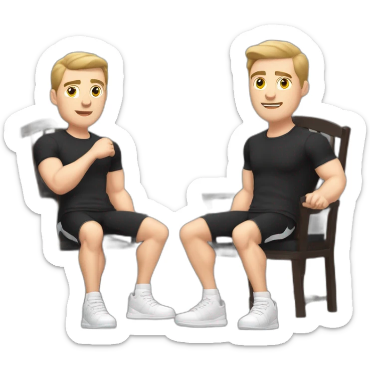 Pale skinned Fit Man With the biceps and dark brown hair in black shirt, gray sports shorts and white Sneakers Sitting on a chair sticker