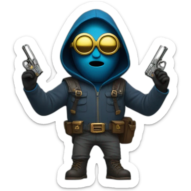no face normal minion with glasses in hood in blue sleeveless shirt with with raised hands and pistols in each with a gold insert on the belt in gray pants and leather boots sticker