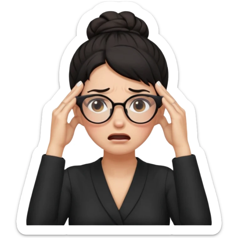 dark haired woma with hair a high bun, wearing glasses covering ears and crying sticker