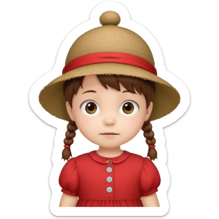 baby girl with brown hair and pigtails with a hat and red dress like My Neighbor Totoro movie sticker