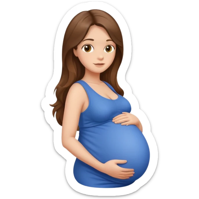 Pregnant woman with long brown hair and hazel eyes. Big belly wearing blue sticker