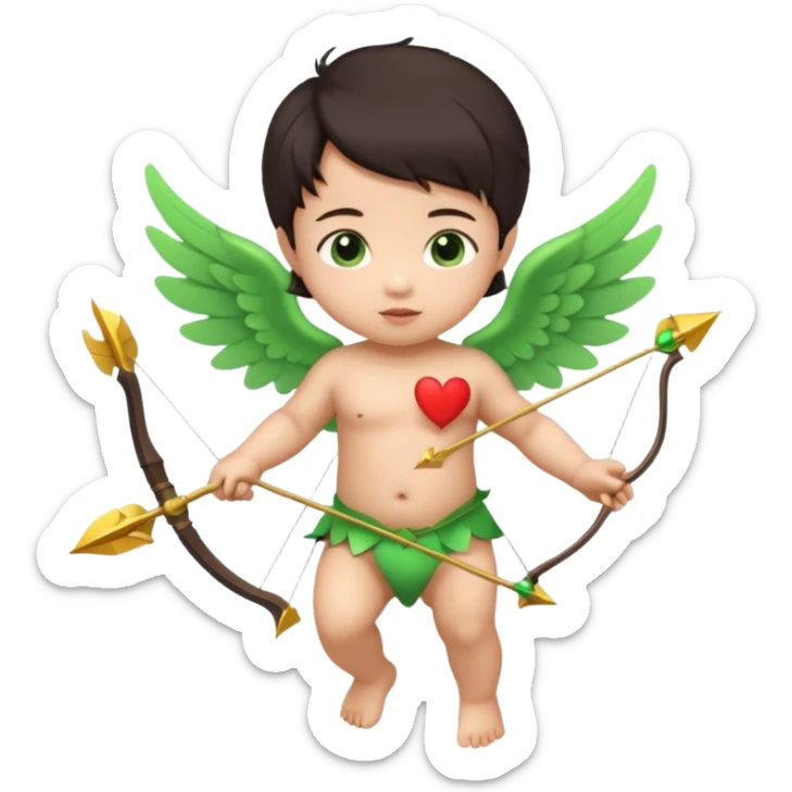 cupid asian baby flying full body with wings with brown eyes and dark hair handled bow and arrow directed to green emoji heart sticker