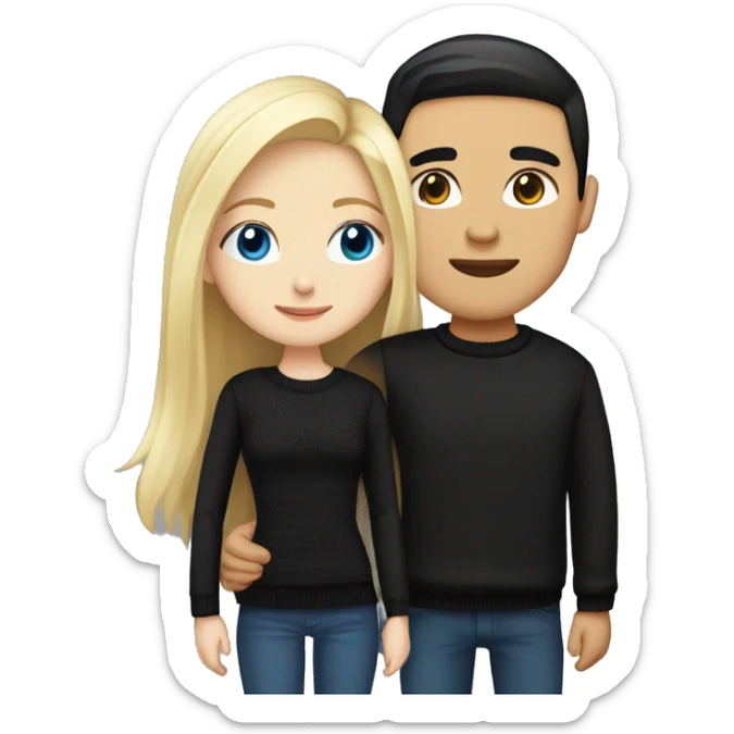 Blonde girl with blue eyes in black sweater and an east asian with light skin man with black hair and black eyes hugging sticker