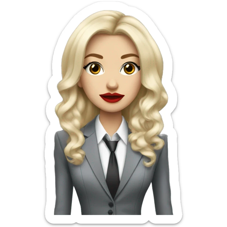 Russian Blonde long hair with big red lips small nose and black eyes Tiffany diamond seller in a grey suit sticker