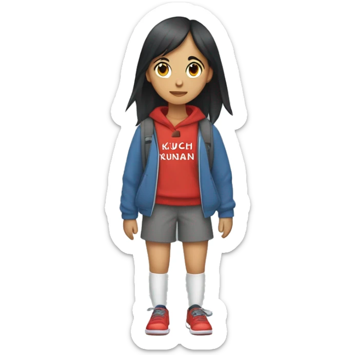 Penelope (a girl who had black hair in a short ponytail, wears a gray hoodie with red text that reads "KUCHI KUKAN" in it with a graphic on the bottom of the text, black shorts, gray socks, red shoes, & carries her blue backpack) sticker