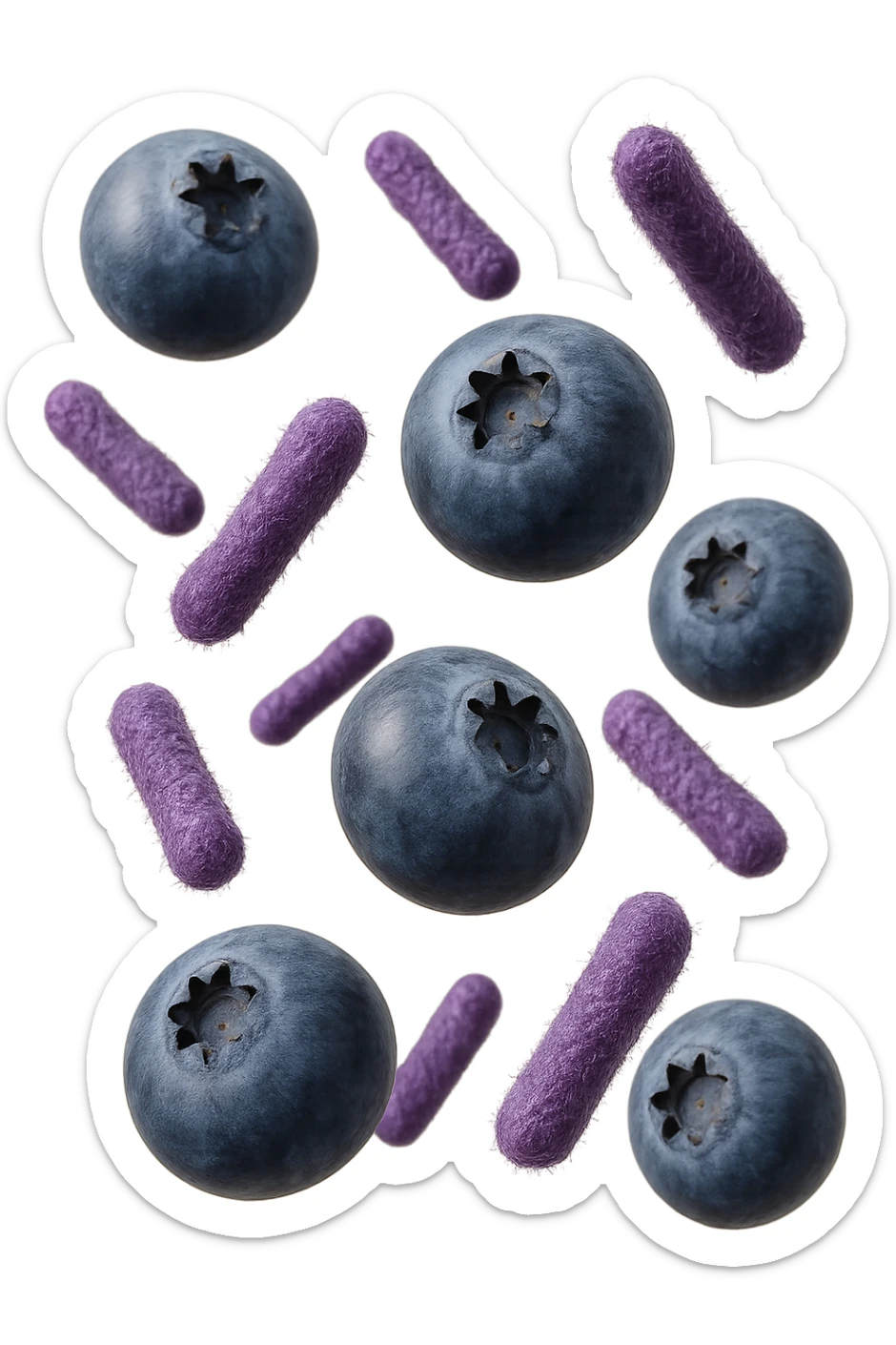mirtilli fluttuano in aria insieme a 6 batteri intestinali viola, iperrealistico 4k sticker
