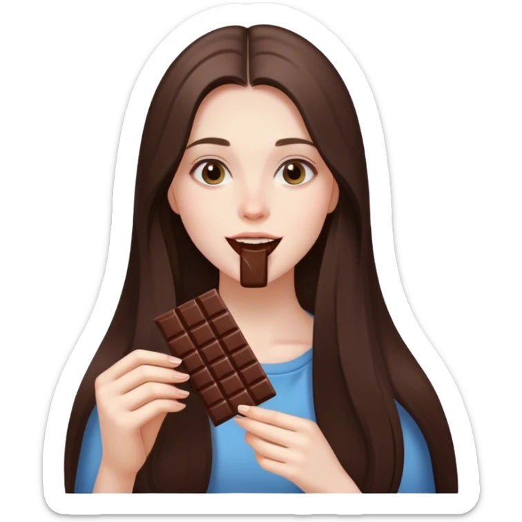 beautiful pale brunette girl with long hair eating a bar of chocolate  sticker