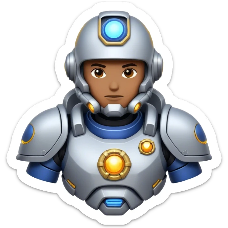 Clash of Clans aesthetic: Cinematic heroic Terran Marine Hero close up Emoji, rendered in a 3D vector-style similar to standard emojis with minimal shading and bold, simplified shapes. A compact, heroic isometric figure clad in futuristic power armor with signature energy accents, softly glowing with a cosmic battle charm. Simplified yet unmistakably iconic, highly detailed and consistent, glowing with a soft radiant shine and high gloss. Stylized with a touch of interstellar valor and a soft glowing outline, capturing the essence of an elite space warrior with a friendly, playful manner! sticker