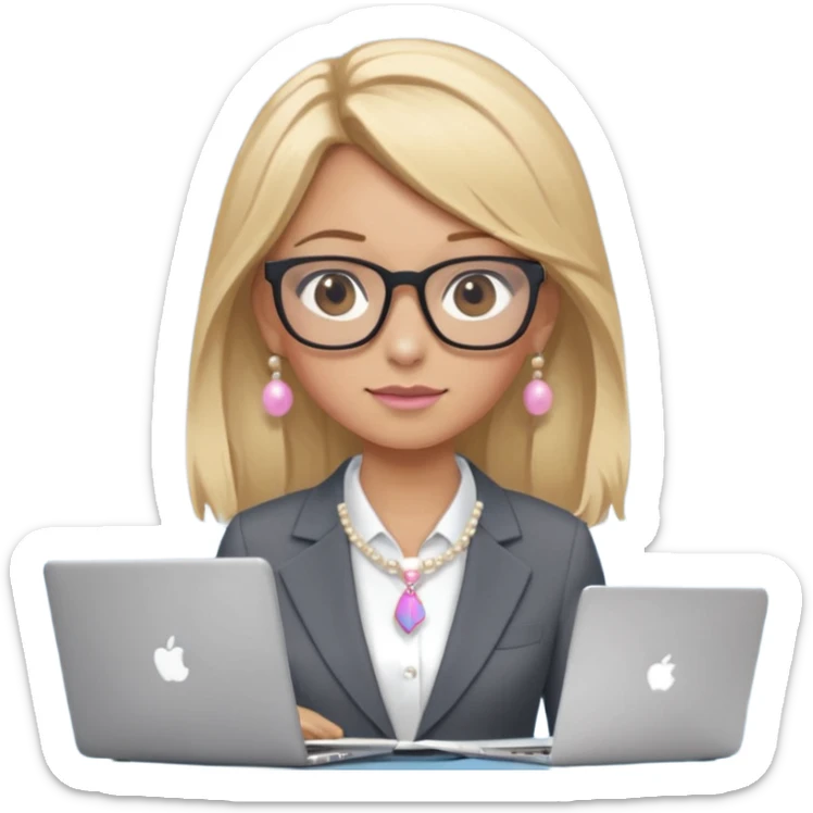 Please take the girl with laptop emoji and make her glassess light brown, her eyes ocean blue and her nose a bit smaller and pointier and she has blonde very long hair and a dark grey suit and pearls necklace, and has a laptop in fron of her and a tiny pink bow on the left side of her head sticker