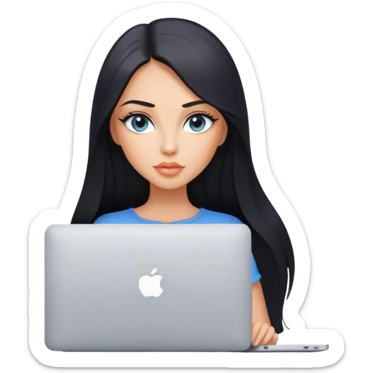 Glamours tanned very beautiful girl with pump peach nude lips and black straight smooth long hair, blue-grey eyes stading with MacBook sticker