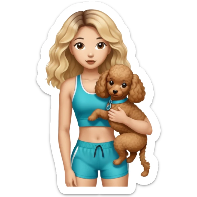 a asian lady with long balayage hair with blonde highlight, holding a brown poodle, wearing gym outfit sticker