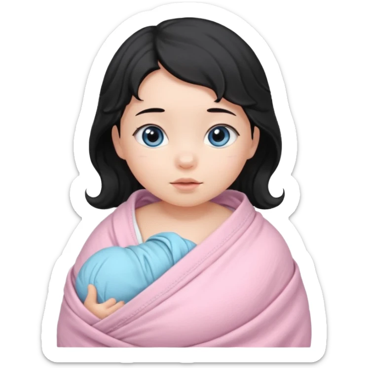 a  female asian newborn baby with black wavy hair and blue eyes wrapped in a light pink swaddle sticker