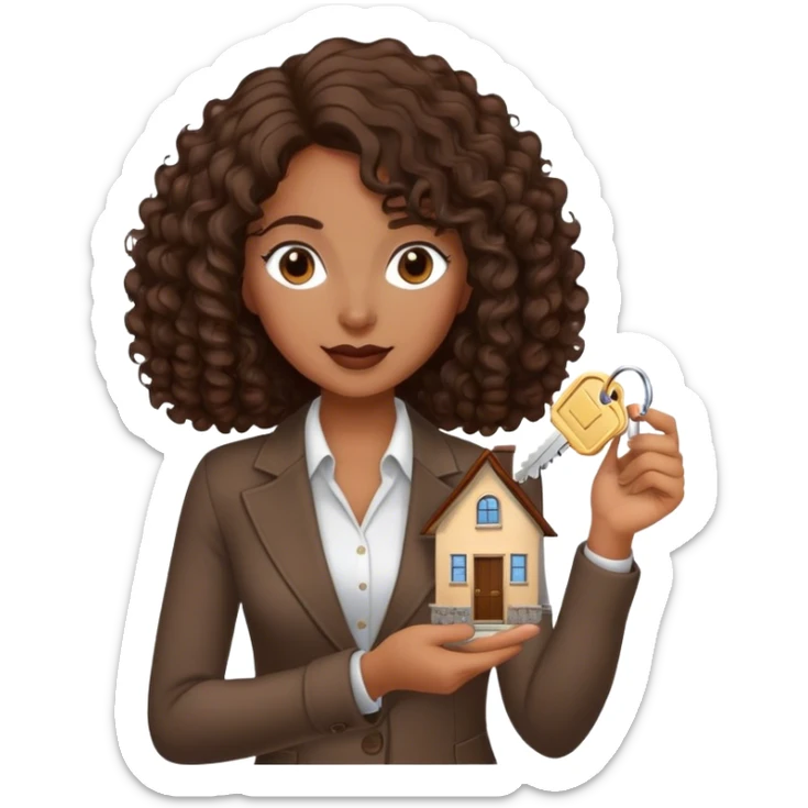 Dark brown lady with medium brown mid length curly hair in real estate job with house and keys sticker