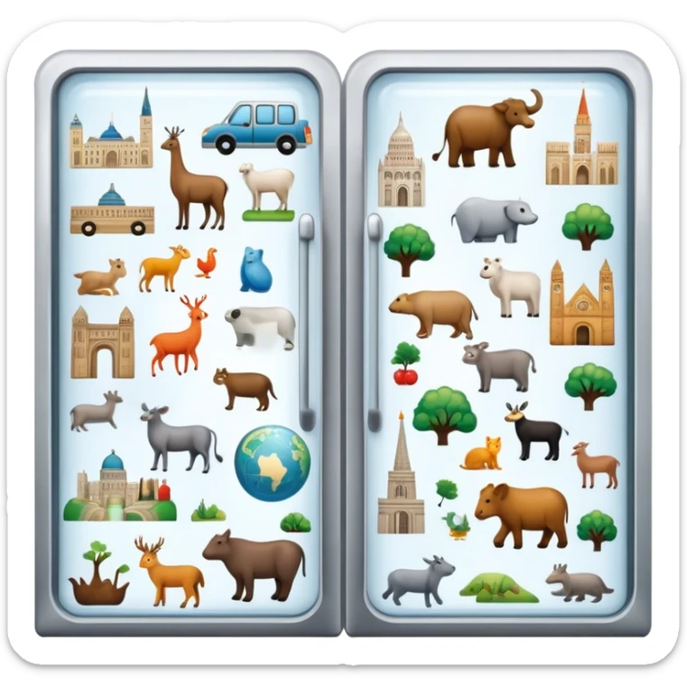 Icon for Magnet Collecting: a close-up of a fridge door covered with a variety of magnets, featuring cities, animals, and symbols. The icon should highlight the diversity and charm of magnet collections. Transparent background. sticker