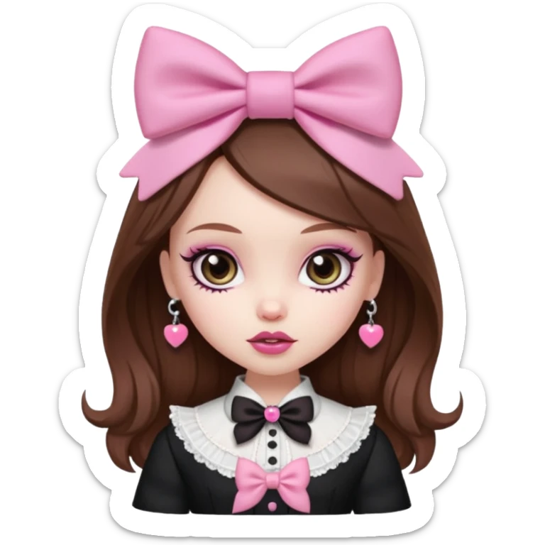 pretty bratz baddie, pale skin, brown hair, pink bow, romantic gothic style sticker