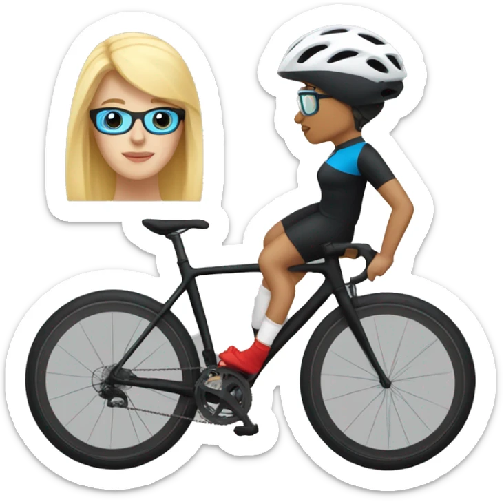 Cyclist woman blond, black shirt ,  blue short, red socks, black bike , transparent glasses, black helmet sticker