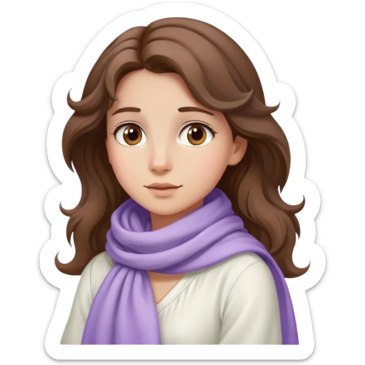 A girl with wavy hair, a lavender scarf around her neck, and a soft  dress, gazing into the distance. sticker