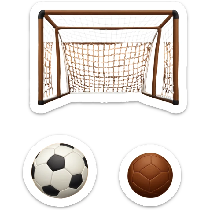 A close-up of footballs and a goal on a covered indoor futsal court with a wooden floor. The scene highlights the details of the balls and goalposts, with the smooth, polished court surface creating a clean and focused atmosphere for the game. sticker