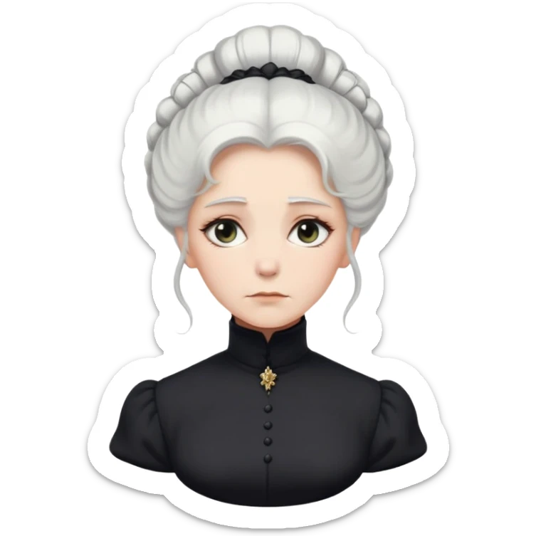 A Victorian woman with elegant coiffed white hair and light eyes wearing a modest black turtleneck mourning dress looking down with a forlorn expression sticker