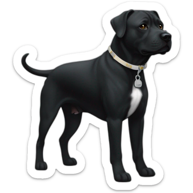 Un staffi noir avec un trait blanc tres petit sur la tête avec des tache de brunger sur c'est patte arrière avec un collier ver se nomment ugette sticker