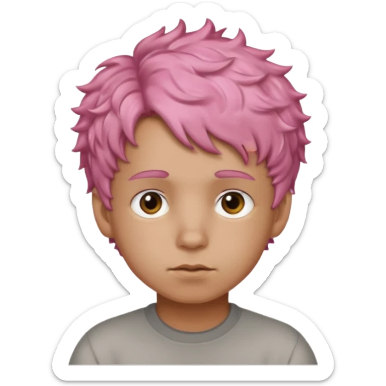 boy with short, curly pink hair, light brown skin, and a neutral facial expression. sticker