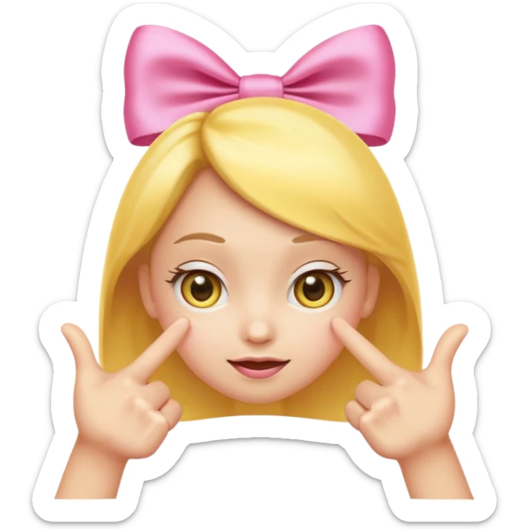 Cute yellow emoji face with big pleading shiny eyes, raised curved eyebrows, small shy smile, and both hands pointing index fingers toward each other. Add two small pink satin bows on top corners of the head. iOS-style, smooth digital look sticker