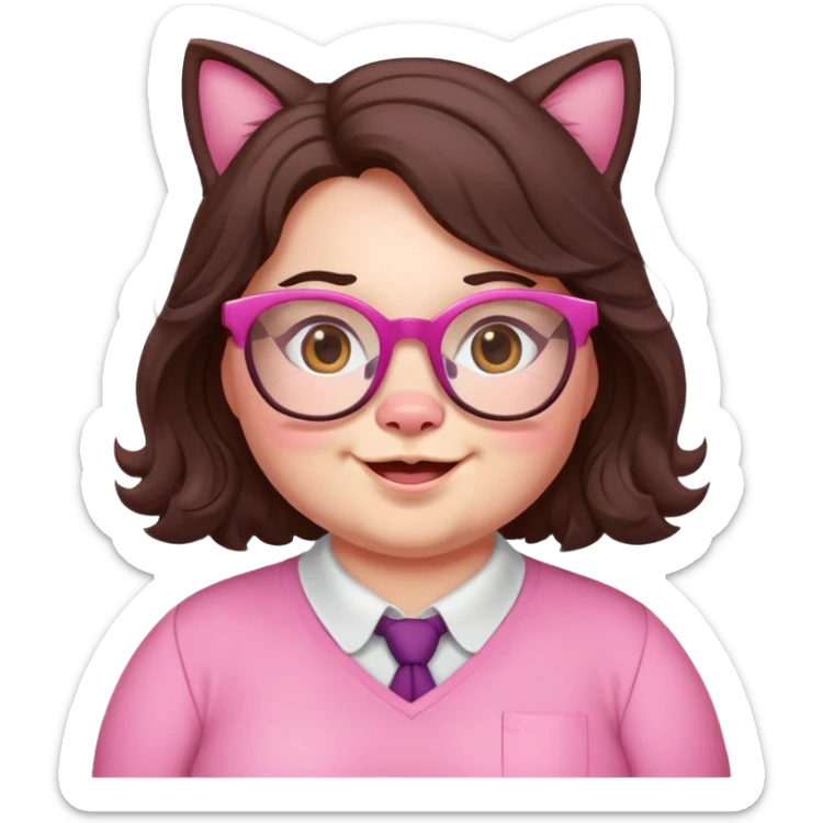 chubby English teacher face, pink cat glasses, wavy long dark brown hair, happy expression sticker