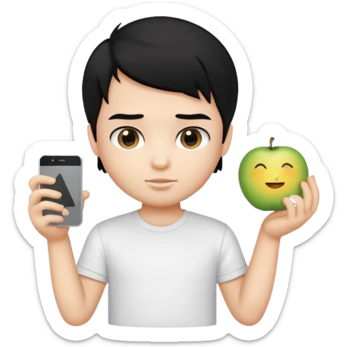 generate a pretty bratz emoji of a boy with black hair wearing a white tshirt and holding a cT sticker