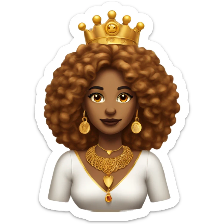 Create an emoji of a confident woman with voluminous lion-like hair, bold makeup, and gold jewelry, embodying the Leo zodiac sign with a regal expression and fiery energy. And a headgear of Leo sign sticker