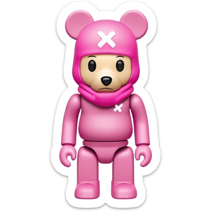 Bearbrick figure with KAWS X eyes wearing a pink balaclava, simplified toy bear shape with articulated limbs sticker