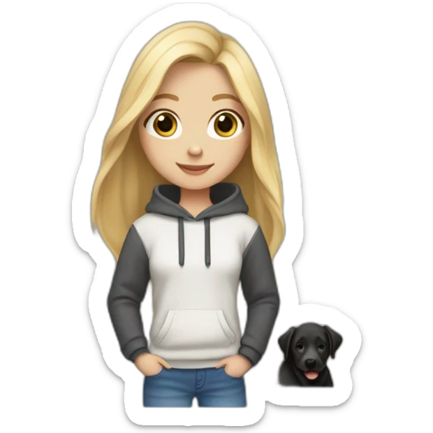 A blonde girl  with smooth hair and a ray in the middle of his hair, she has light skin a few freckles, and she wear a hoodies and she Carries in his arms a black baby labrador dog  sticker